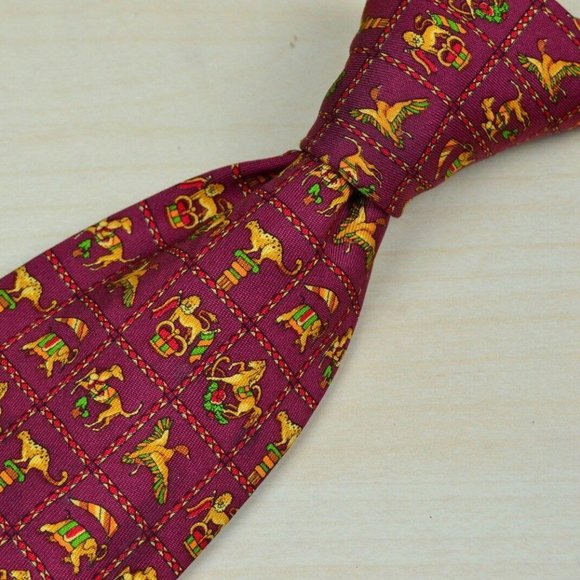 Salvatore Ferragamo Red Gold Whimsical Animal tie